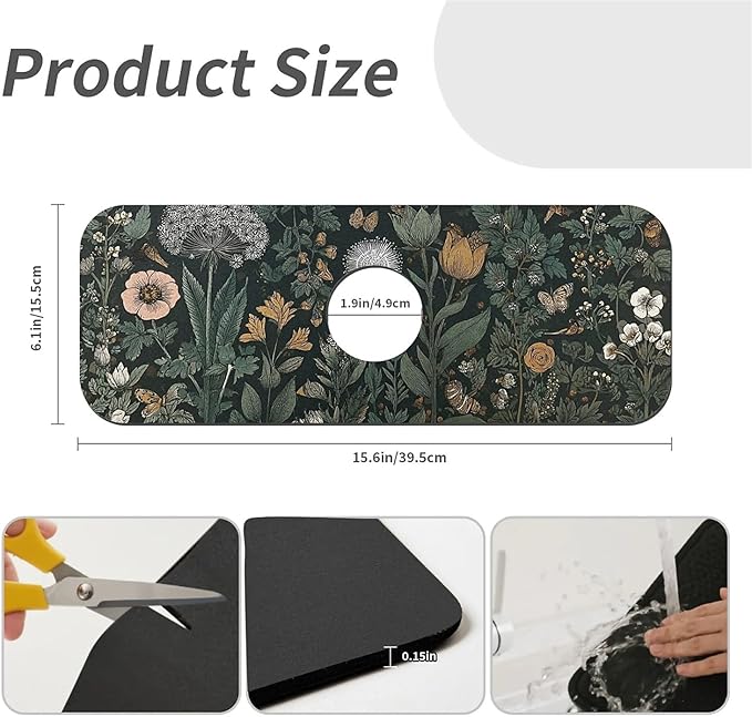 Kitchen Sink Splash Guard，Dark-green black flowers Faucet Mat Sink Gadgets-Super Absorbent Fast Drying Mat Drip Catcher for Kitchen, Bathroom,Sink Mat, Dish Drying Mat, Bathroom(15" X 5.5" )