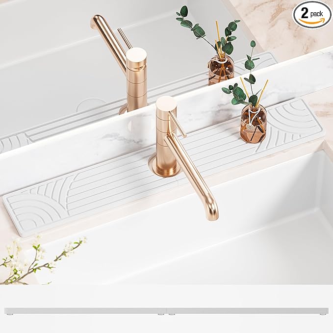 Faucet Mat for Kitchen Sink, Water Absorbing Stone Tray for Sink, 23.6" Long Diatomite Fast Drying Stone Mat, Splash Guard Stone Faucet Mat for Bathroom Counter