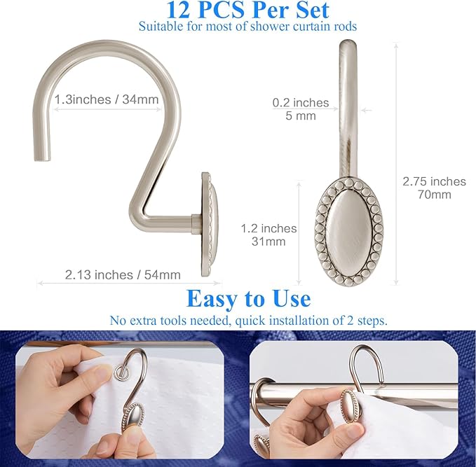 Brushed Nickel Shower Curtain Hooks, Decorative Shower Curtain Rings, Rust Resistant Metal Shower Hooks for Bathroom, Rust Proof Shower Hooks Hangers for Shower Curtain Rod, Set of 12