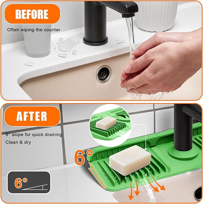 17.7" Green Button Style Faucet Drip Catcher – Silicone Faucet Mat for Kitchen Sink, Leak-Proof Splash Guard with 6° Slope | Behind Faucet Draining Mat Easy Gadgets for Bathroom Kitchen Countertops