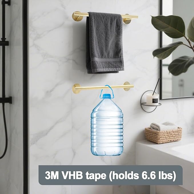 9 Inch #304 SUS Over The Door Towel Racks Wall Mounted,Self Adhesive Brushed Gold Bathroom Accessories, Small Bathroom Organizer & Dish Towel Holder&Shower Shoe Shelves