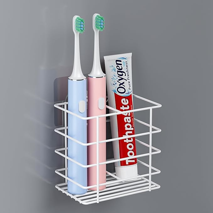 Shower Toothbrush Holder Wall Mounted, Adhesive Toothpaste Organizer for Bathroom Wall, Hanging Razor Tooth Brush Holder Caddy with Drainage, White RV Camper Bathroom Organizers and Storage