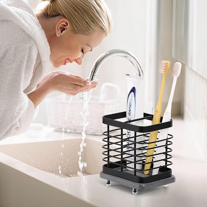 Shinowa Fast-Dry Wall Mounted Toothbrush Holder with Diatomaceous Earth Tray, Stainless Steel Electric Toothbrush & Toothpaste Organizer, No-Drill Adhesive or Countertop Bathroom Holder, 2 Slots
