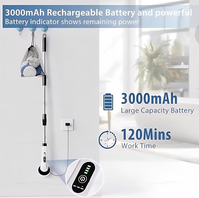 Electric Spin Scrubber for Cleaning with 9 Replaceable Brush Heads,Cordless Bathroom Cleaning Brush with 3 Speeds,IPX7 Waterproof,Adjustable Handle for Shower,Bathtub,carpet,Tile,Floor & Kitchen,White
