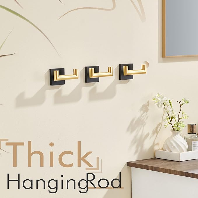 KOKOSIRI Robe Hooks Bath Towel Hooks Bathroom Hardware Double Coat Hooks Wall Mounted, Stainless Steel 3 Pack Black with Gold B1015GDK-P3