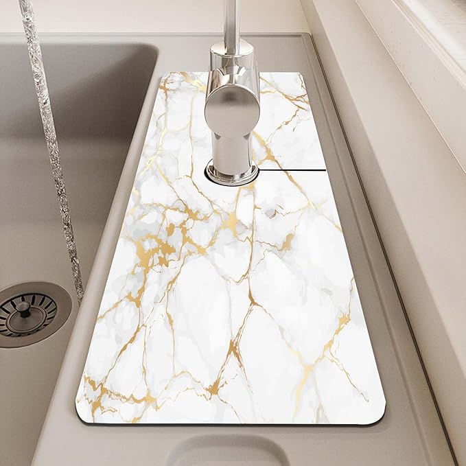 MCALK Marble White Kitchen Sink Faucet Mat Splash Guard, Absorbent Quick-Dry Kitchen Sink Mat - Ideal for Splash Guard & Drip Catching with Modern Art Decor( 1pc 15"x5.5")