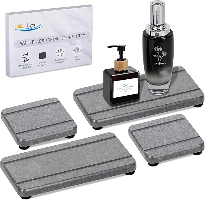 4PCS Stone Drying Trays for Bathroom Sink and Kitchen Counter - Water Absorbing Stone Tray with Diatomaceous Earth, Soap Dish and Coaster