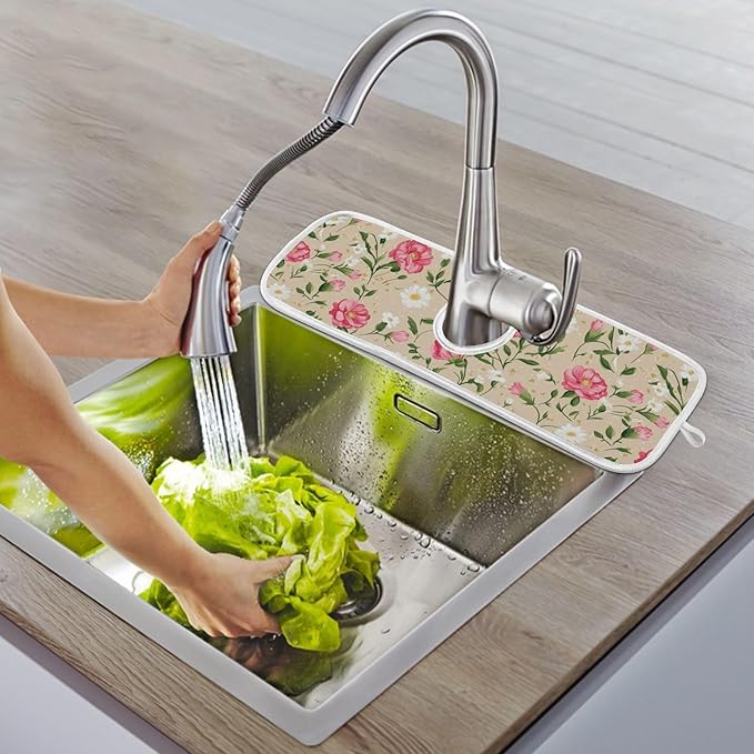 2 PCS Kitchen Sink Splash Guard 23.6 Inch Faucet Mat for Kitchen Sink Bathroom Sink Faucet Absorbing Drip Drain Mat Pad Microfiber Soft Washable Beige and Pink Carnation