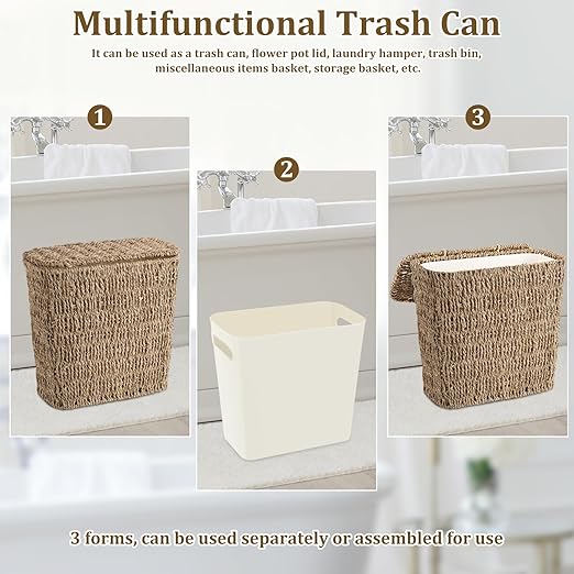 Wicker Waste Basket with Lid and Liner, Woven Seagrass Trash Can, Bathroom Trash Can, Boho Garbage Wastebasket for Bedroom Home Living Room Office Kitchen, 2.5 Gallon