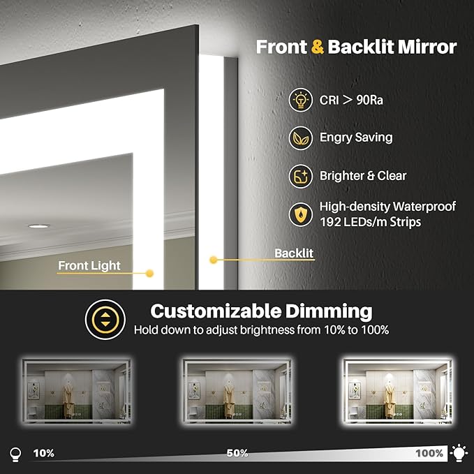 68"x38" LED Bathroom Mirror with Lights, Backlit & Front Lit, Lighted Wall Mirrors for Bathroom Vanity, Touch Screen Dimmable, Anti-Fog, Memory Function, HD Tempered Glass, Shatter-Proof, ETL Listed