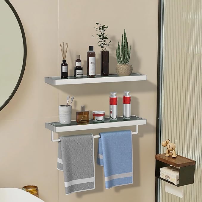 Glass Floating Shelves for Wall, Brushed Nickel 20 Inch Tempered Glass Rectangular 1 Tier Organizer Shelf for Bathroom