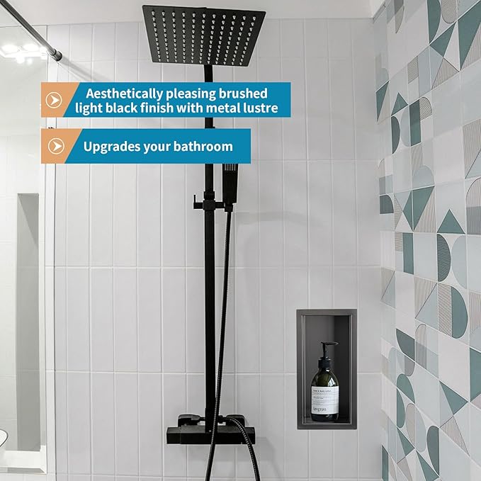 12"×6" Shower Niche Brushed Stainless Steel, Recessed Shower Caddy, Bathroom Shelf Insert Fits for 11"x5.1" Wall Hole Installation (Light Black)