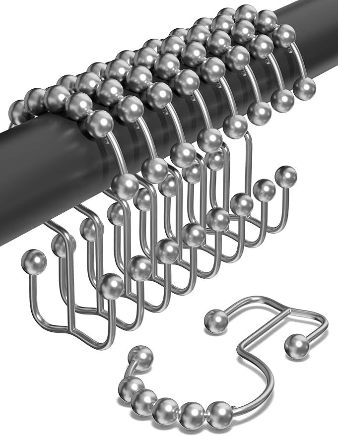 Shower Curtain Hooks Rust Proof (Set of 12) - Stainless Steel Shower Curtain Rings - Anti Slip Roller Balls for Easy Glide (Double Anchor Hooks, Chrome)