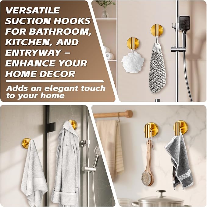 Reusable Heavy Duty Suction Cup Hooks for Kitchen/Bathroom/Shower - Wet-Proof Hooks for Towels, Robes, Loofah&Wreaths/No Drill Mounting on Glass, Tile, (2, Brushed Gold)
