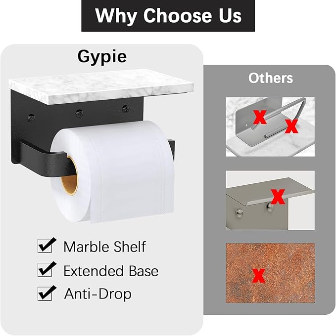 Toilet Paper Holder with Shelf, Extended Base Wall Mounted, Marble Toilet Roll Holder Black for Bathroom Washroom
