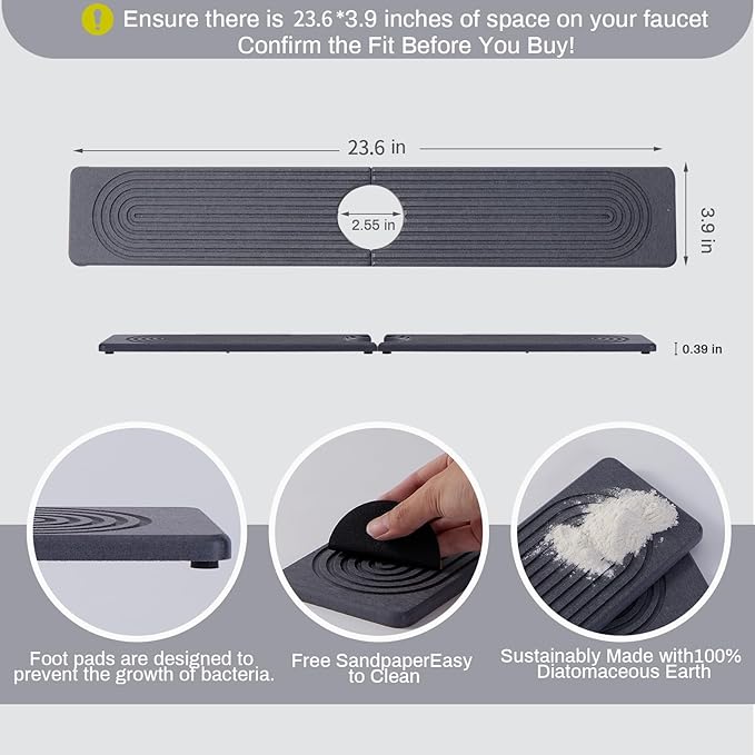 Stone Faucet Mat for Kitchen Sink，Super Absorbent Diatomite Fast Drying Stone and Bathroom Stone Tray for Counter Quick Drying Splash Guard,Prevents Moisture Buildup Sink(Dark Grey,23.6" x 3.9")