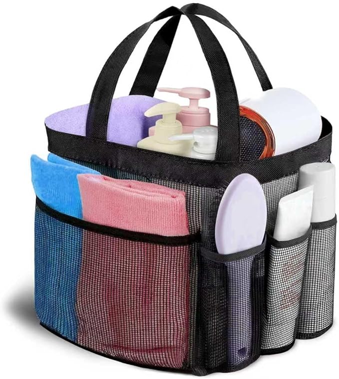 Mesh Shower Caddy Portable for College Dorm Room Essentials organizer, 8-Pocket Large Capacity, Quick Dry Shower hanging Caddy Dorm Basket for Bathroom Beach, Toiletry,Swimming, Gym,Camping (Black)