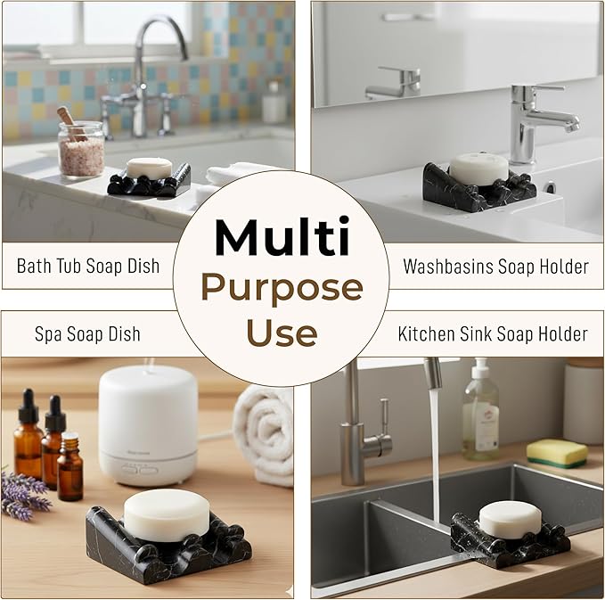 DOXOLOGY Black Marble Soap Dish Bathroom Organizer - Resin Soap Dish with Rectangular Design 3.7" L x 2.8" W - Self Draining Soap Dishes Keeps Countertop Neat - Marble Look Soap Tray for Sink