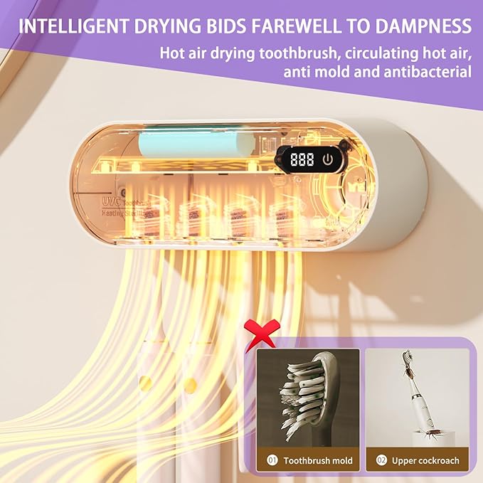 Toothbrush Holders for Bathrooms,Electric Toothbrush Holder with 24-Hour Smart Cycle Cleaning and hot air Drying, LED Display, Rechargeable Wall Mounted Tooth Brushing Holder (White)