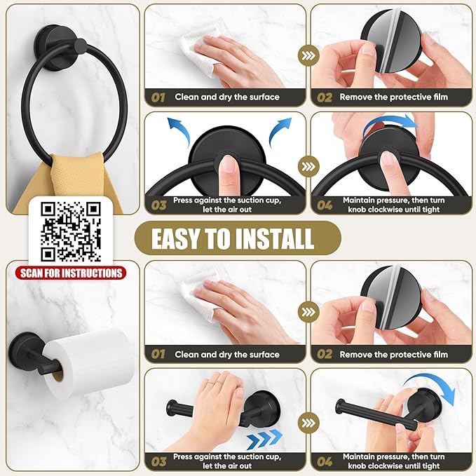 BKV Suction Cup Towel Ring,Hand Towel Holder for Bathroom,Stainless Steel Heavy Duty Round Towel Hanger for Bath,Kitchen-Matte Black
