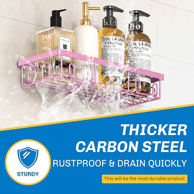 Shower Caddy 18 Pack,Adhesive Organizer for Bathroom Decor Accessories & Kitchen Storage,No Drilling,Large Capacity,Rustproof Stainless Steel Organizer,Home Decor Shelves (Pink 18 Pack)