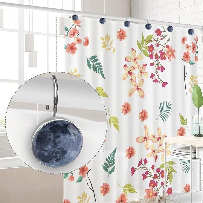 12 Pcs Moon Shower Curtain Hooks, Rust Proof Glass Surface Stainless Steel Curtain Rings for Bathroom Bedroom Living Room Kitchen Home Shower Rods Decor