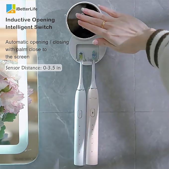 Bathroom Toothbrush Holders Cleaner & Dryer - ZEZHOU Wall Mounted Electric Tooth Brush Razor Holder Cleaning & Air Drying with Auto Sensor Open/Close Cover for Kids Bathroom Accessories, Home, Travel
