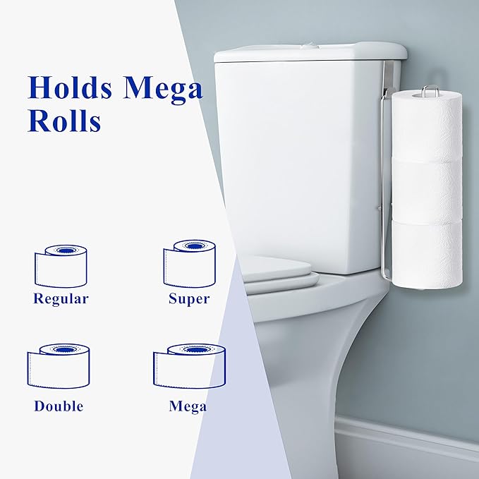 Bathroom Toilet Paper Holder with Storage Extra 3 Rolls, Over The Tank Toilet Paper Holder Wall Mount, Small Restroom Organizer, Adhesive RV Tissue Storage, Stainless Steel, Silver, 1PC