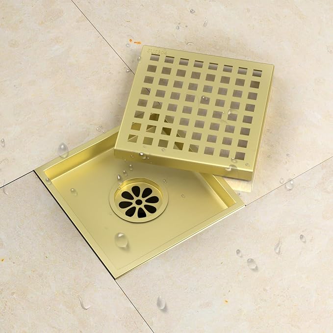 6 Inch Square Shower Drain, Shower Floor Drain with with Removable Square Hole Cover, 304 Stainless Steel Bathroom Drains with Flange (Brushed Bronze)