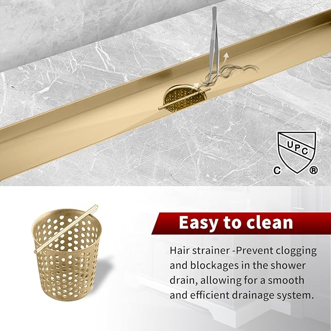 Sharp-tec Linear Shower Drain, 24 inch Shower Drain with Removable Pattern Cover, Brushed Gold 304 Stainless Steel Rectangle Floor Drain, Adjustable Feet and Hair Strainer Included