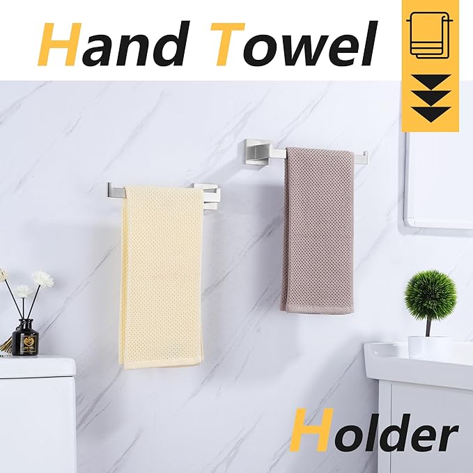 LANC Bathroom Hand Towel Holder 2 Pack Left and Right Side Brushed Nickel Hand Towel Bar 2 Pack 10 Inche Square Towel Ring for Kitchen Cabinet Wall Mount Towel Rack Hanger,A8806BN-LRP2
