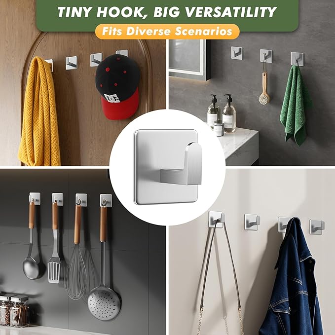 Auxmir Adhesive Hooks 15lb(Max) Towel Hooks, 5 Pack No Drilling Damage Free Wall Hooks, Thicken SUS304 Stainless Steel for Coat Robe, Waterproof Oilproof Rustproof for Bathroom Kitchen Office, Silver
