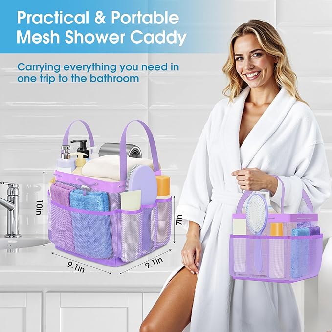 Mesh Shower Caddy Portable with Drawstring, 1 Main Compartment+ 7 Pockets, College Dorm Room Essentials for Girls, Shower Organizer Hanging Bag for Beach, Camp, Swim, Gym, Travel