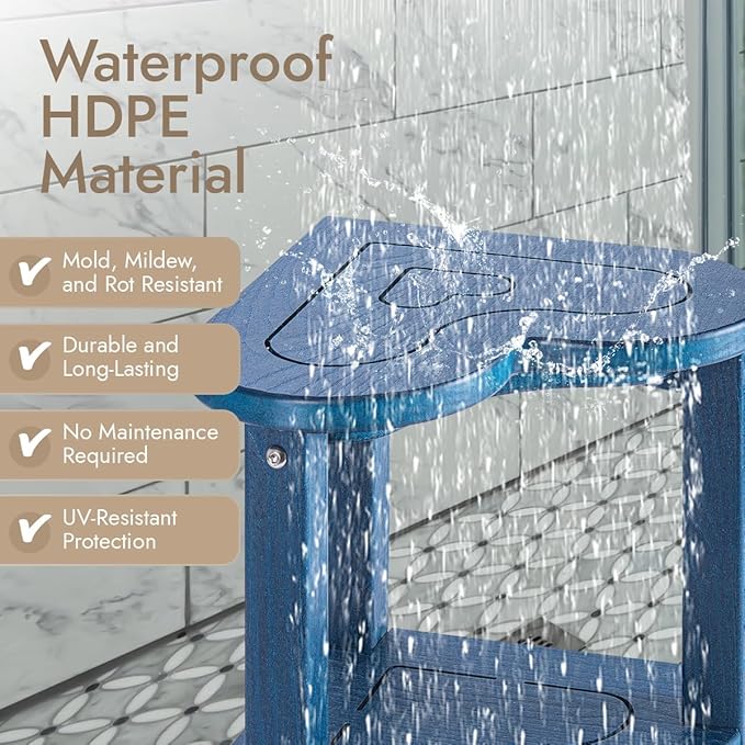 Corner Shower Stool for Inside Shower - Waterproof Corner Shower Bench, HDPE Plastic Bathroom Bench, Adjustable Height Corner Chair for Shaving Legs,Storage Shelf,Non-Slip Feet,Blue
