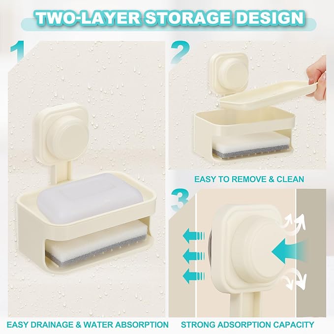 uxcell 2Pcs Suction Cup Soap Dish, Removable and Reusable Wall Mounted Double Bar Soap Holder for Shower No-Drilling Sponge Holder for Bathroom Kitchen, Beige