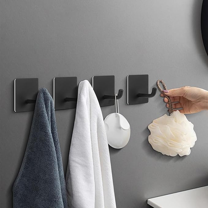 Livabber Adhesive Towel Hooks, 304 Stainless Steel Self Sticky Wall Hooks Waterproof Shower Hooks for Robe/Clothes, No Drilling Towel Hangers for Bathroom Kitchen Bedroom (Black, 10 Packs)