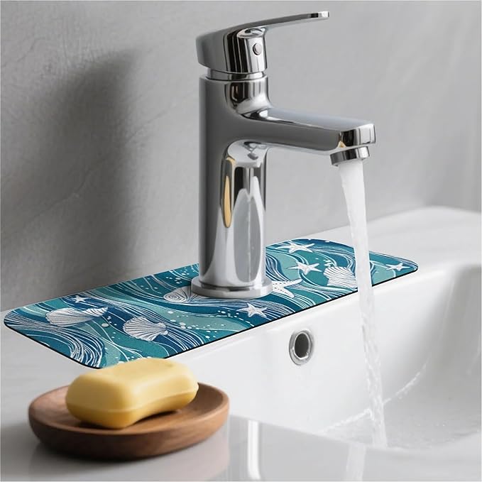 Kitchen Sink Splash Guard，Wave, starfish, shell Faucet Mat Sink Gadgets-Super Absorbent Fast Drying Mat Drip Catcher for Kitchen, Bathroom,Sink Mat, Dish Drying Mat, Bathroom(15" X 5.5" )