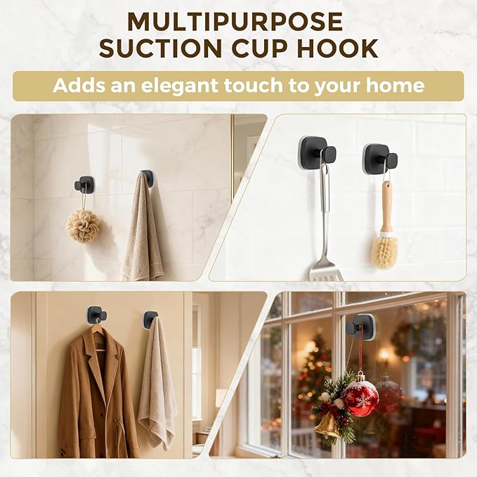 Suction Cup Hooks for Shower, No-Drill Towel Hooks for Bathrooms, Kitchen, Glass Door, Mirror, Tile, Shower Suction Hooks for Hanging Towels, Robe, Loofah, Christmas Wreath (Matte Black, 2 Pack)