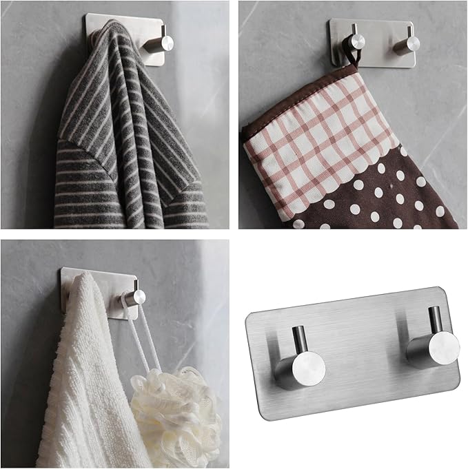 Self-Adhesive Brushed Nickel & Matte Black Towel Hooks - 2 Wall Mount Coat Hooks for Bathrooms & Showers