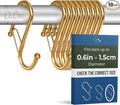 10-Pack Metal S Hooks for Hanging – Heavy-Duty S-Shaped Hooks with Safety Buckle – Fits Bars up to 0.6 In – Anti-Drop Hook for Kitchen, Pot Racks & Towel Bars – Gold (Small)
