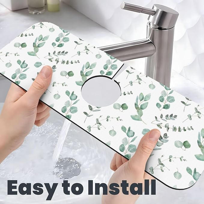 Watercolor Sage Green Grass Leaves Kitchen Sink Splash Guard Faucet Mat Super Absorbent Fast Drying Mat Sink Gadgets-Fast Drying Pad Sink Mat For Kitchen Bathroom (15" X 5.5" )