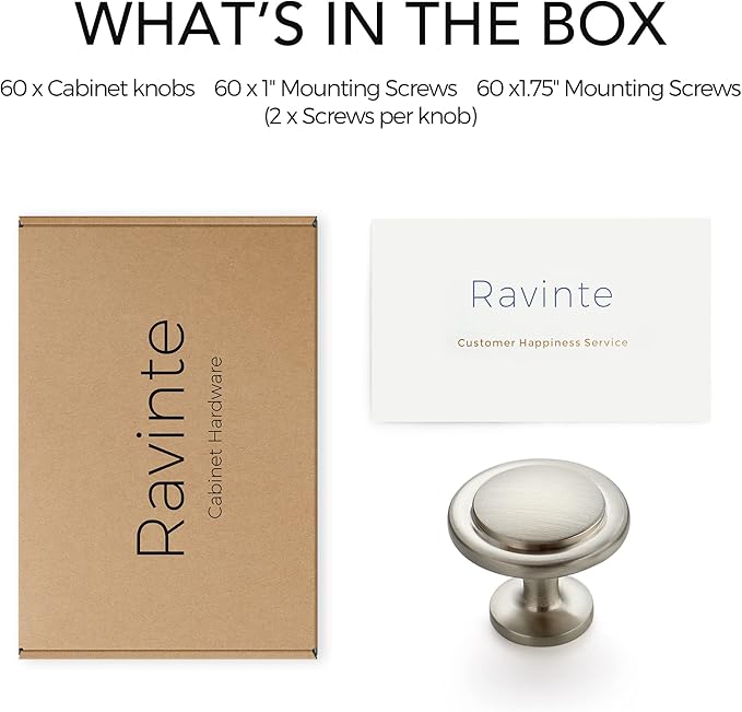 Ravinte 60 Pack 1-1/4 Inch Kitchen Cabinet Knobs Brushed Nickel Zinc Pulls Door Handles for Dresser Drawers