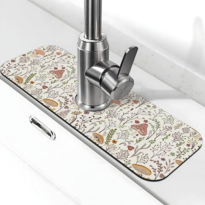Cute Mushroom Wild Plant Kitchen Sink Splash Guard Faucet Mat 1 Pcs, Absorbent Fast Drying Mat Gadgets Splash Guard For Bathroom 15 X 5.5 Inches