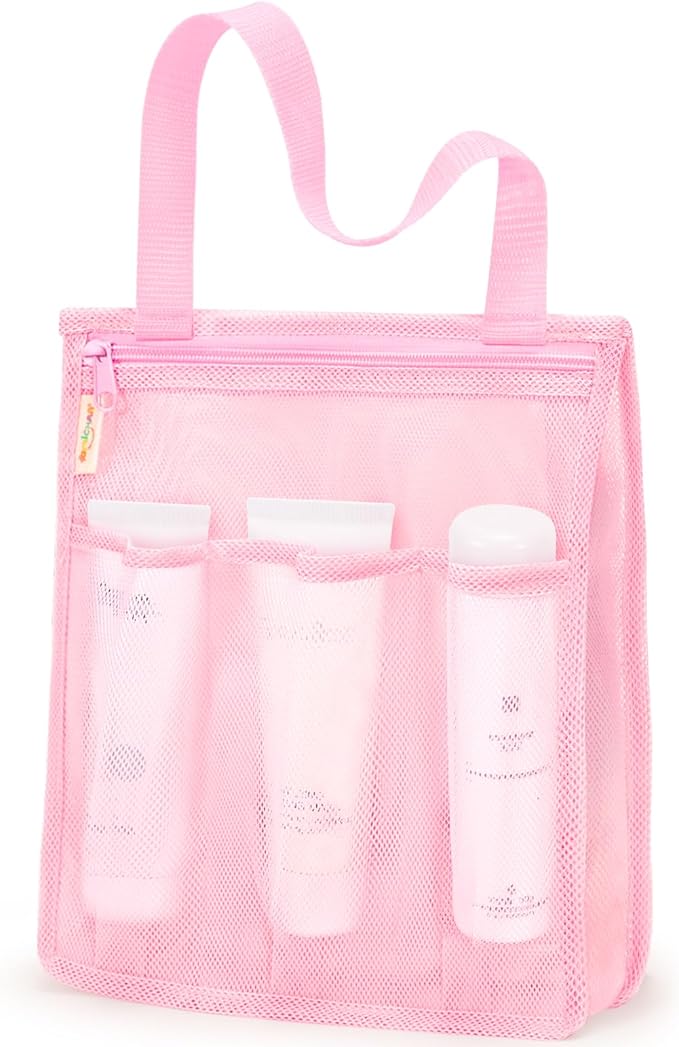 Mesh Shower Caddy Portable, Gym Travel Camp Dorm Room Essentials for Women and College Girl, Pink Bathroom Shower Bag