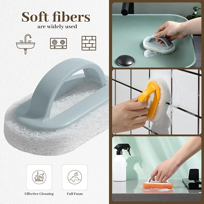 4 Pack Handled Scrubber, Scrub Brush Strong Scouring, Reusable Cleaning Sponge with Handle for Shower Tile, Bathtube, Sink (Blue)