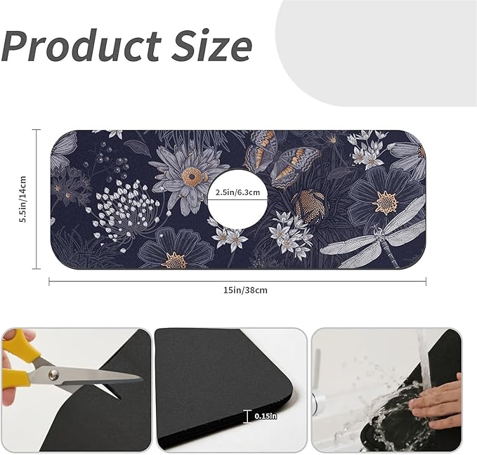 Kitchen Sink Splash Guard，butterflies dragonflies Faucet Mat Sink Gadgets-Super Absorbent Fast Drying Mat Drip Catcher for Kitchen, Bathroom,Sink Mat, Dish Drying Mat, Bathroom(15" X 5.5" )