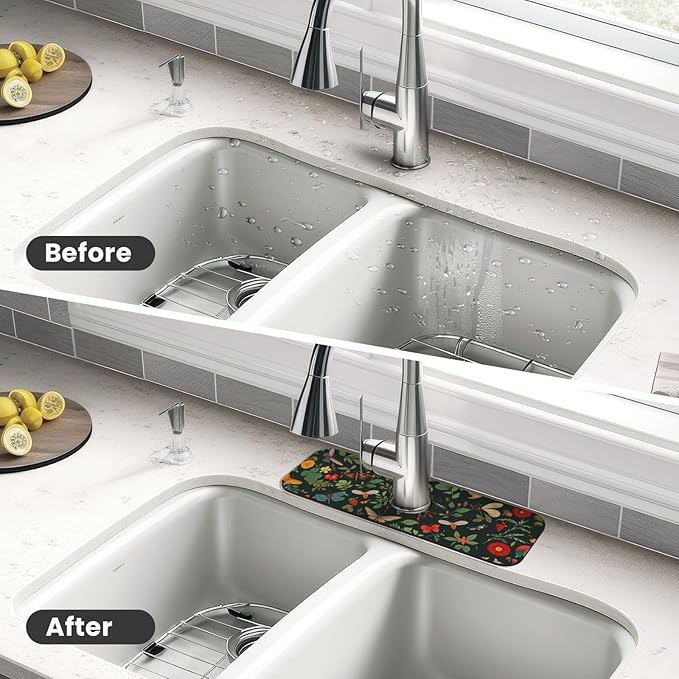 Butterfly Floral 15" X 5.5" Kitchen Sink Splash Guard, Faucet Guard Draining Mat, Faucet Suction Pad For Kitchen Bathroom