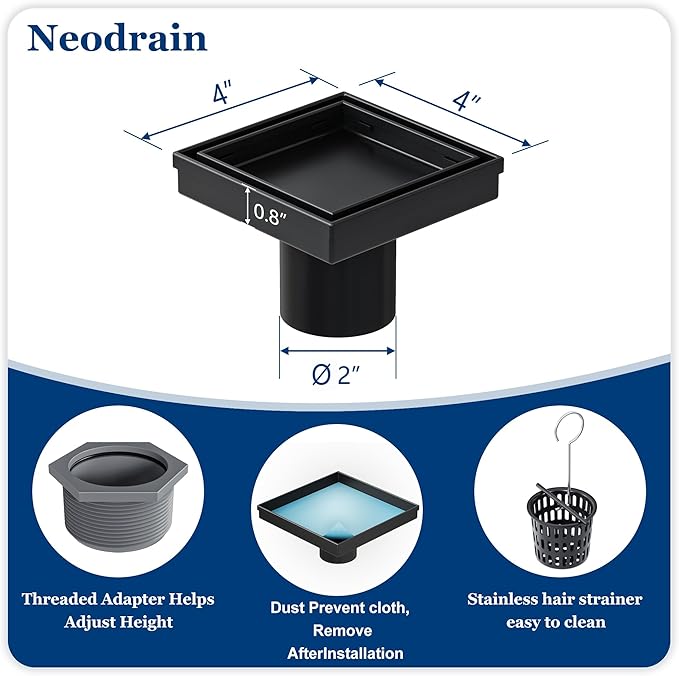 Neodrain 4-Inch Square Shower Drain with Removable Tile Insert Grate, 304 Stainless Steel, Includes Shower Drain Base Hair Strainer, Matte Black