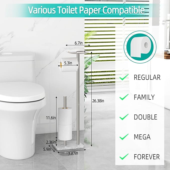 Toilet Paper Holder Stand for Bathroom Floor Standing Toilet Roll Dispenser Storages 4 Reserve Rolls, with Top Storage Shelf for Cell Phones, Wipe, Wallet and More(Marble Brush Nickel)