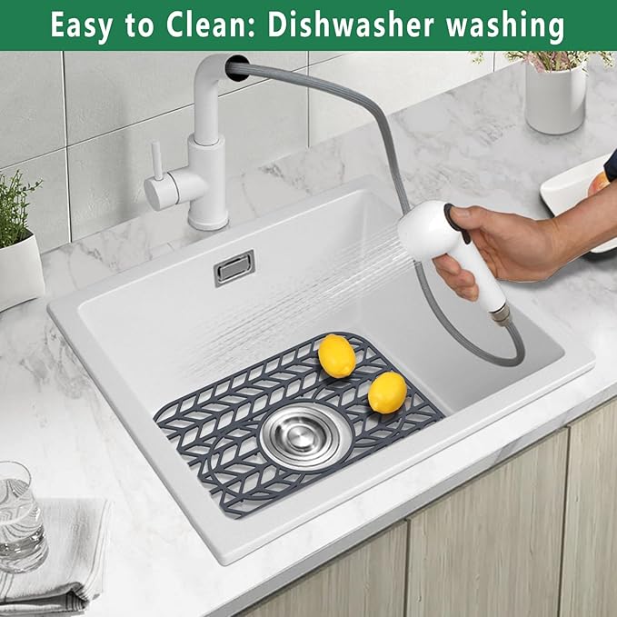 GUUKIN Sink Protectors for Kitchen sink, 13 5/8" x 11 5/8" Folding Non-slip Silicone Mat Grid for Bottom of Farmhouse Stainless Steel Porcelain Sink with 3 Reserved Holes